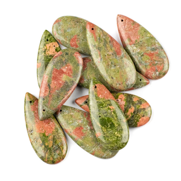 Unakite 20x45mm Top Front to Back Drilled Teardrop Pendant - 1 per bag