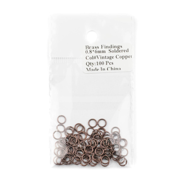 Vintage Copper Plated Brass 6mm Soldered Closed Jump Rings - .8mm/20 gauge - 100 per bag