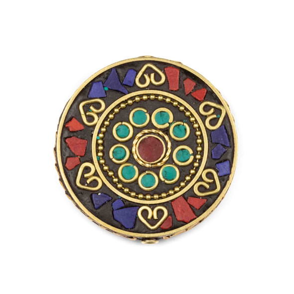 Tibetan Brass 44mm Coin Focal Bead with Hearts, Red Coral, and Lapis Inlay - 1 per bag