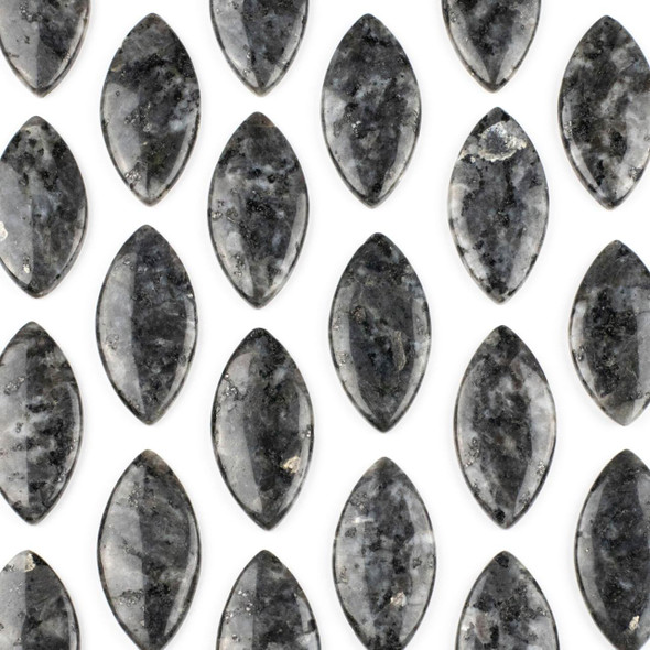 Multiple Black Labradorite/Larvikite 25x50mm Top Side Drilled Marquise Pendants with a Flat Back arranged in a grid pattern, displaying the unique natural gemstone variations in each piece.