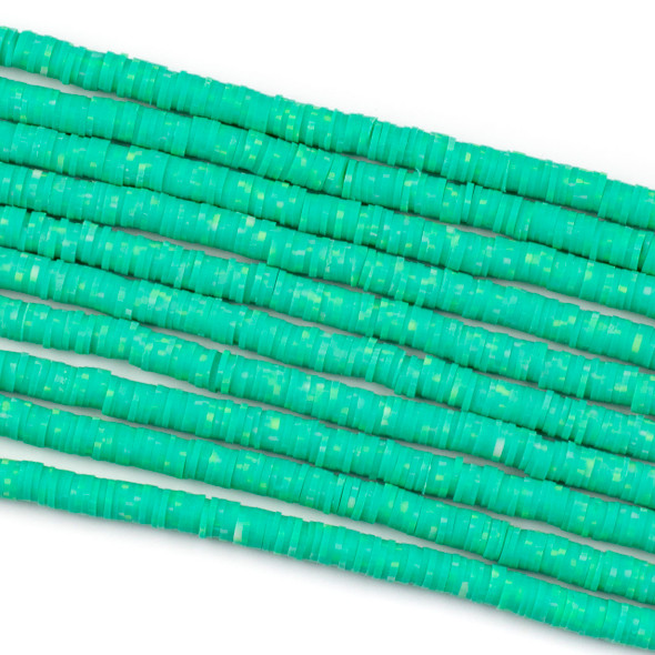 Polymer Clay 1x6mm Heishi Beads - Shamrock Green Pixels Mix #57, 15 inch strand