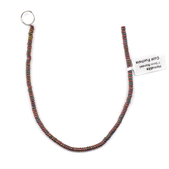 Cherry Tree Beads Synthetic Hematite 1x3mm Electroplated Fuchsia Rainbow Rondelle Beads - approx. 8 inch strand  Cherry Tree Beads Synthetic Hematite 1x3mm Electroplated Fuchsia Rainbow Rondelle Beads - approx. 8 inch strand