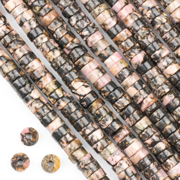 Large Hole Rhodonite 4x8mm Heishi Beads with a 2.5mm Drilled Hole - approx. 8 inch strand