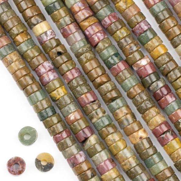 Large Hole Ocean Jasper 4x8mm Heishi Beads with a 2.5mm Drilled Hole - approx. 8 inch strand