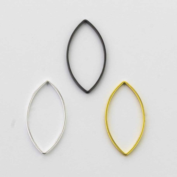 Inspired by the graceful shape of a marquise gemstone, these 12x22mm Plated Brass Marquise Links bring an elegant touch to jewelry designs. Their elongated open shape creates a light, airy look, while the smooth metal finish adds subtle shine and definition. The balanced proportions make them eye-catching without feeling heavy, making them suitable for both everyday and statement pieces.