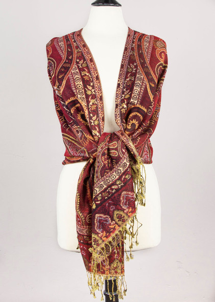 Cashmere Scarf with Metallic Gold & Red Henna Style Pattern - #99