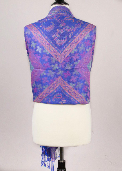 Cherry Tree Beads Pashmina Scarf with Royal Blue, Pink, & Orange Floral Chevron Stripe Pattern - #87 