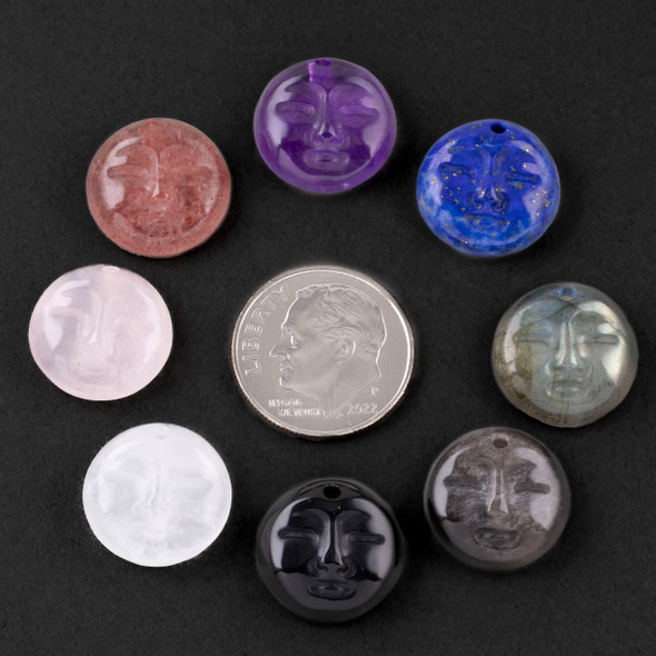 Natural Gemstone 14mm Moon Face Pendant with a Flat Back - 1 per bag