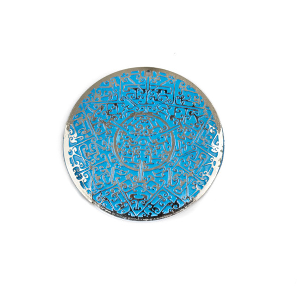 Enameled Silver Plated Brass 34mm Coin Focal with Blue Pattern - 1 per bag