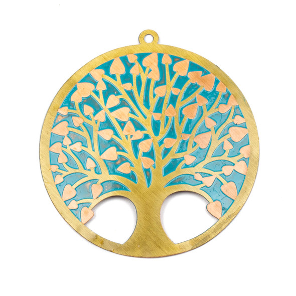 Enameled Brass 47mm Coin Focal with Turquoise Background and Cut Out Tree - 1 per bag
