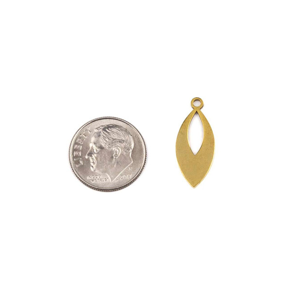 Close-up of 18k Gold Plated Stainless Steel 9x21.5mm marquise drop component next to a dime for size reference, pack of 2, premium design by Cherry Tree Beads