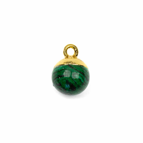 Malachite 10mm Round Drop Pendant with Gold Plated Brass Cap and Loop - 1 per bag
