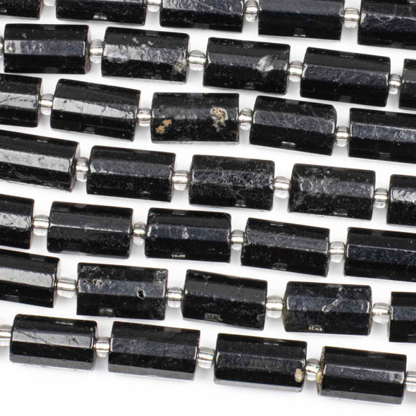 Black Tourmaline 10x16mm Faceted Tube Beads - 15 inch strand