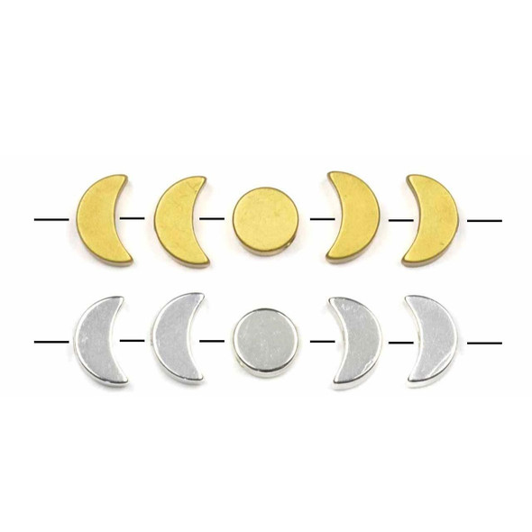 10-piece set of brass moon phase beads shown in raw and silver finishes, featuring 8 crescent half moons and 2 full moon rounds with 1.25mm holes for jewelry making.