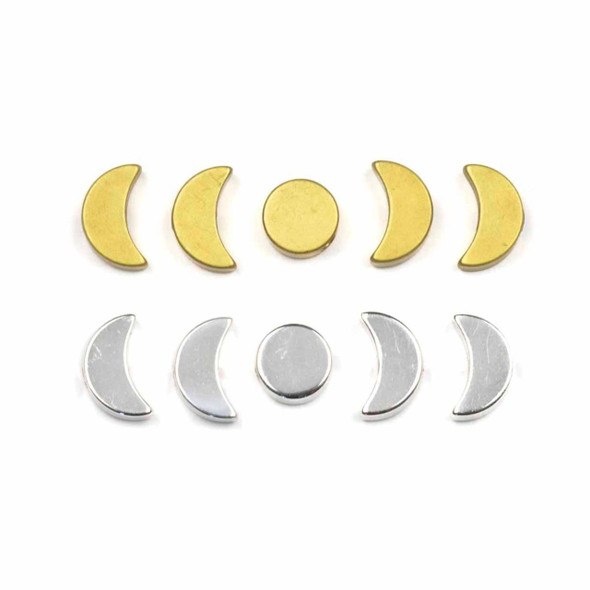 10-piece set of brass moon phase beads shown in raw and silver finishes, featuring 8 crescent half moons and 2 full moon rounds with 1.25mm holes for jewelry making.