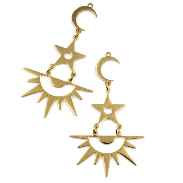 18k Gold Plated Stainless Steel 32x53mm Moon, Star, & Sun Components with 5mm Open Jump Rings - 2 per bag