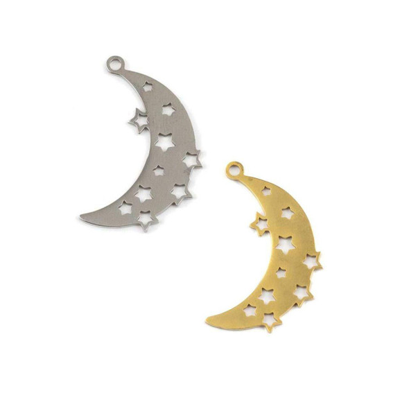 Cherry Tree Beads 304 Stainless Steel 17x28mm Crescent Moon with Stars Components - 2 per bag 