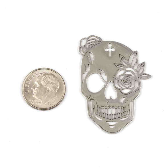 Natural Silver Stainless Steel 29x42mm Large Skull with Rose Component - 2 per bag