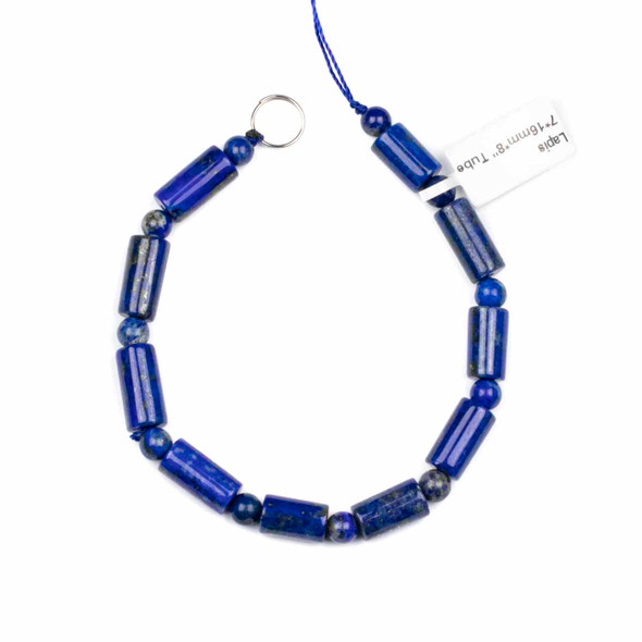 Lapis 7x16mm Tube Beads alternating with 6mm Round Beads - 8 inch strand