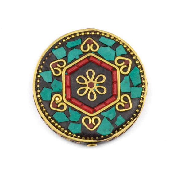 Tibetan Brass 44mm Coin Focal Bead with Hexagon, Flower, Hearts, Turquoise Howlite, and Red Coral Inlay - 1 per bag