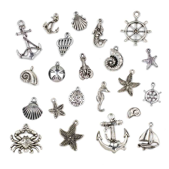 An Assorted Mix of 100 Silver Ocean and Sea Life Themed Charms
