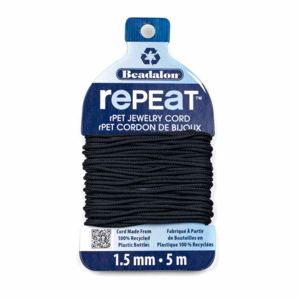RePEaT 100% Recycled PET Braided Jewelry Cord - 1.5 mm, Black, 16.4 ft/5 m
