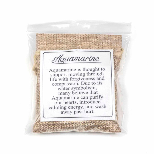 12 Tumbled Aquamarine Gemstones in Jute Bag - packaged set with a description card highlighting the calming and purifying properties of aquamarine gemstone beads.