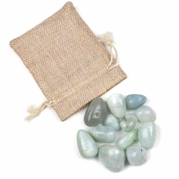 12 Tumbled Aquamarine Gemstones in Jute Bag