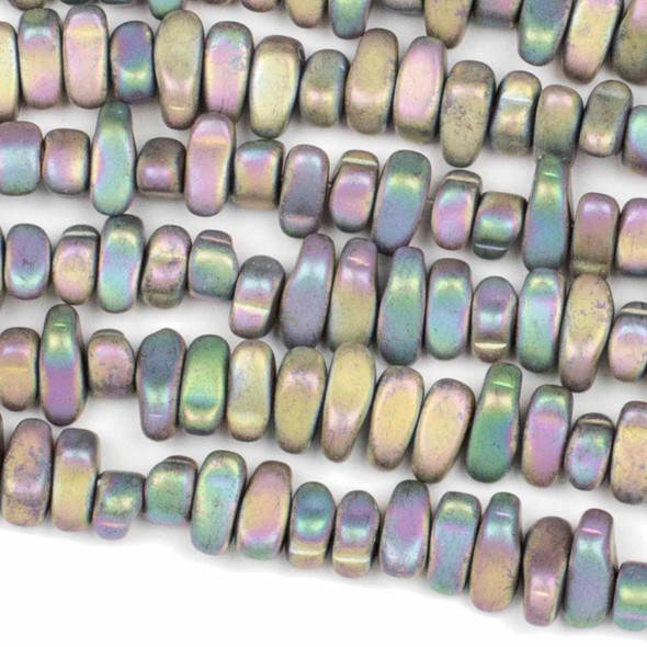 Synthetic Hematite Electroplated Matte Pink Rainbow 5-8mm Chip Beads - 8 inch strand