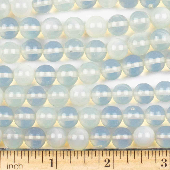 Measurement view of Synthetic Opalite 10mm round man-made gemstone beads in Set A, showcasing their luminous finish with an 8-inch strand length, aligned with a ruler for scale.