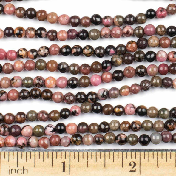 Rhodonite with Matrix 4mm round natural gemstone beads on an 8-inch strand, Set A, featuring pink and black hues with intricate matrix patterns, perfect for jewelry crafting.