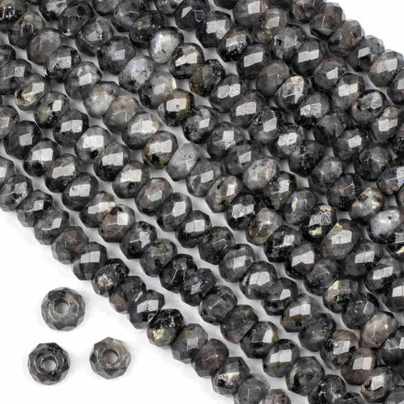 Faceted Large Hole Black Labradorite/Larvikite 5-6x8mm Rondelle Beads with a 2.5mm Drilled Hole - approx. 8 inch strand