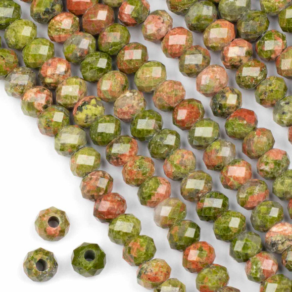 Faceted Large Hole Unakite 5-6x8mm Rondelle Beads with a 2.5mm Drilled Hole - approx. 8 inch strand
