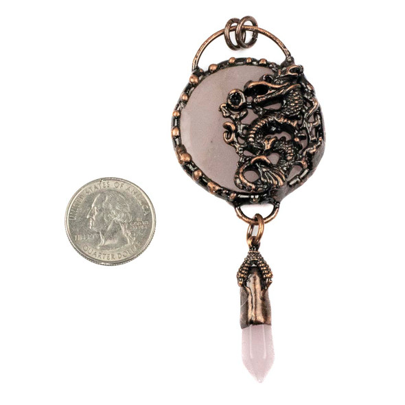 Rose Quartz approx. 42x55mm Coin Pendant with Copper Dragon and Rose Quartz Point Dangle - 1 per bag