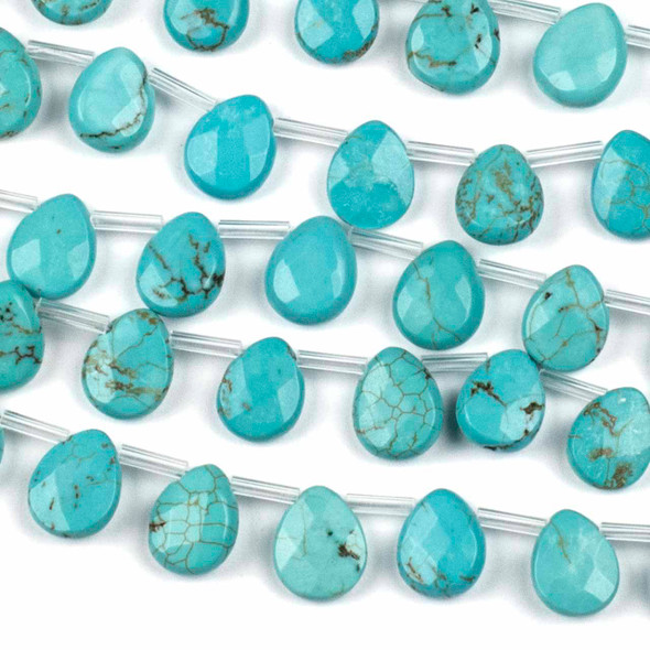 Turquoise Howlite 8x10mm Faceted Top Drilled Flat Teardrop Beads - 8 inch strand