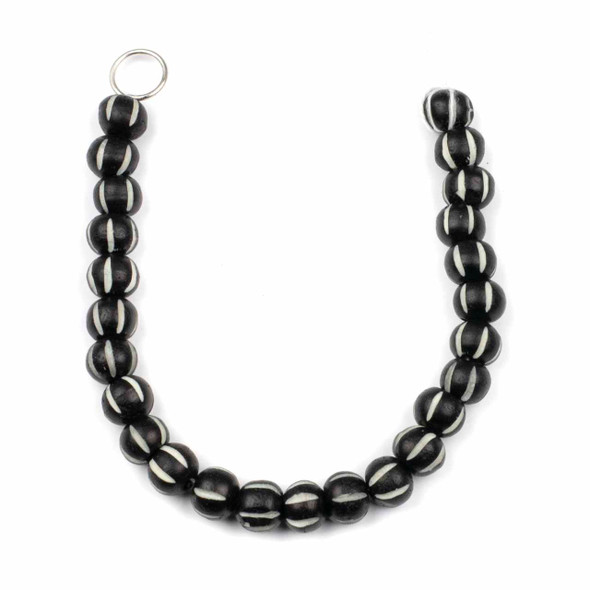 Bone 8x10mm Black Rondelle Beads with Carved White Vertical Lines - 8 inch strand