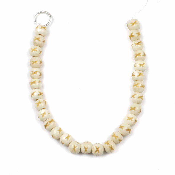 Bone 7x8mm White Round Beads with Carved "X" - 8 inch strand