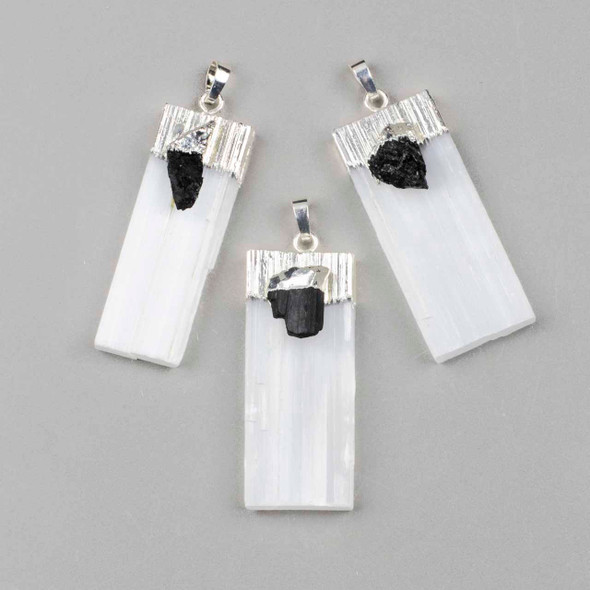 Natural Selenite & Black Tourmaline approx. 21x50mm Pendant with Silver Plated Cap and Bail - 1 per bag