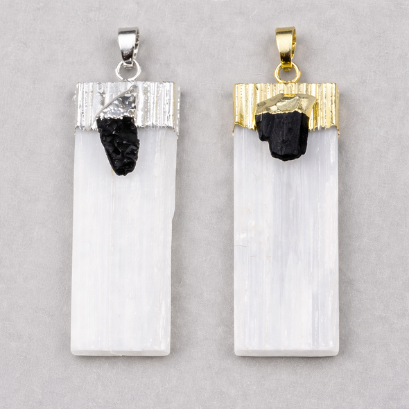 Cherry Tree Beads Natural Selenite & Black Tourmaline approx. 21x50mm Pendant with Gold Plated Cap and Bail - 1 per bag