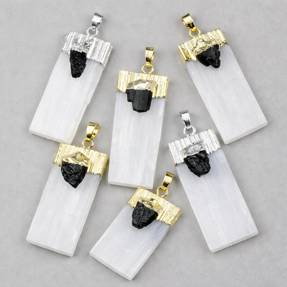 Cherry Tree Beads Natural Selenite & Black Tourmaline approx. 21x50mm Pendant with Gold Plated Cap and Bail - 1 per bag