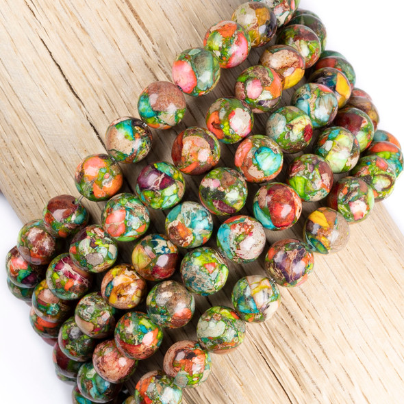 Cherry Tree Beads Dyed Fiesta Rainbow Impression Jasper 10mm Round Beads - color #06 on a 15-inch strand featuring colorful dyed gemstone round beads for jewelry making.