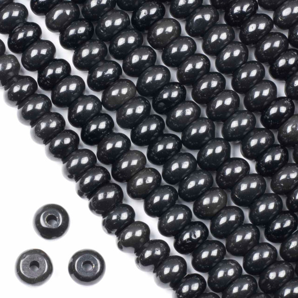 Large Hole Black Obsidian 6x10mm Rondelle Beads with a 2.5mm Drilled Hole - approx. 8 inch strand