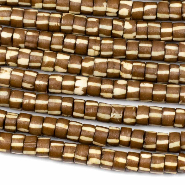 Bone 5x8mm Brown Heishi Beads with Carved White Vertical Lines - 8 inch strand