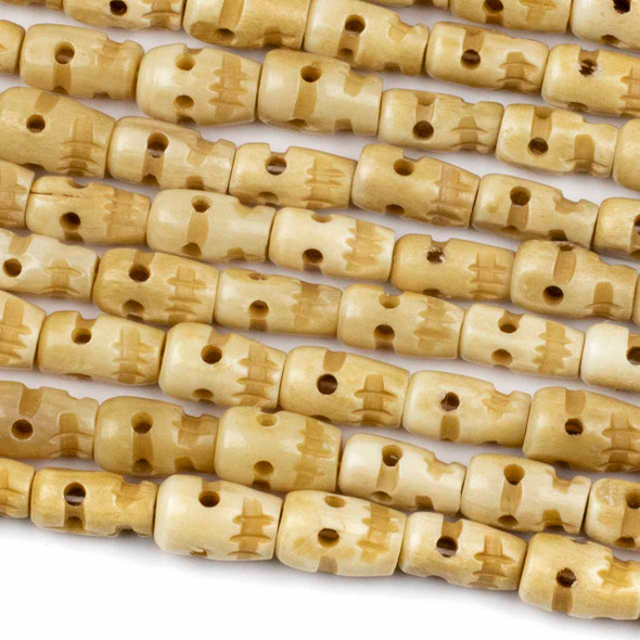 Bone 8x13mm White Tube Beads with Carved Skull Face - 8 inch strand