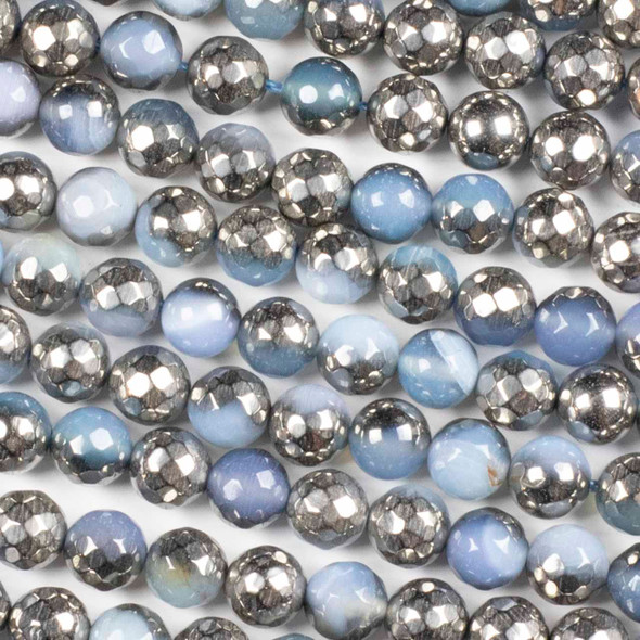Light Blue Agate 8mm Faceted Round Beads with Silver Plating - 15 inch strand