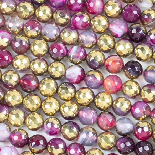 Hot Pink Agate 8mm Faceted Round Beads with Gold Plating - 15 inch strand