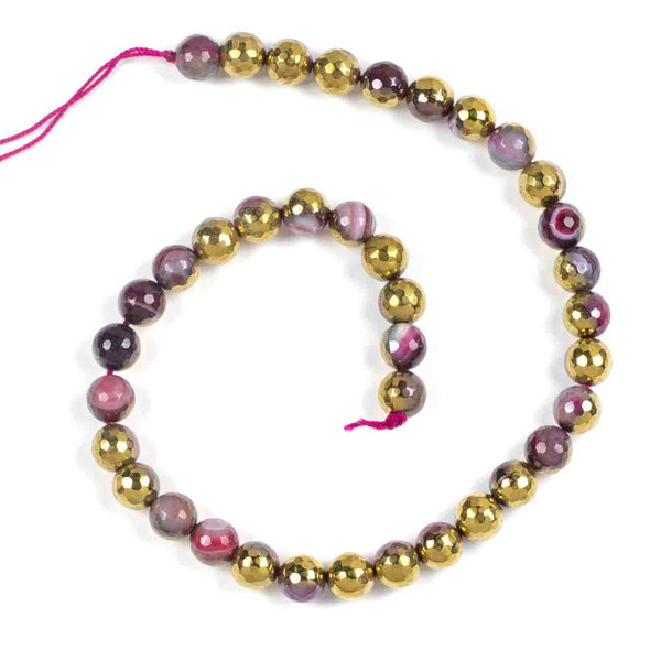 Hot Pink Agate 10mm Faceted Round Beads with Gold Plating - 15 inch strand