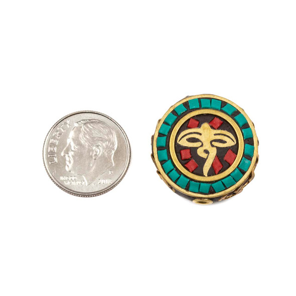 Tibetan Brass 22mm Coin Focal Bead with Brass Buddha Eye and Turquoise Howlite and Red Coral Inlay - 1 per bag