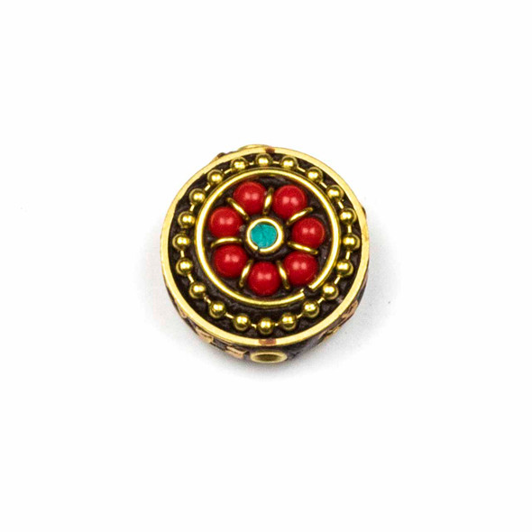 Tibetan Brass 30mm Coin Bead with Red Coral Inlay and Turquoise Howlite Center - 1 per bag