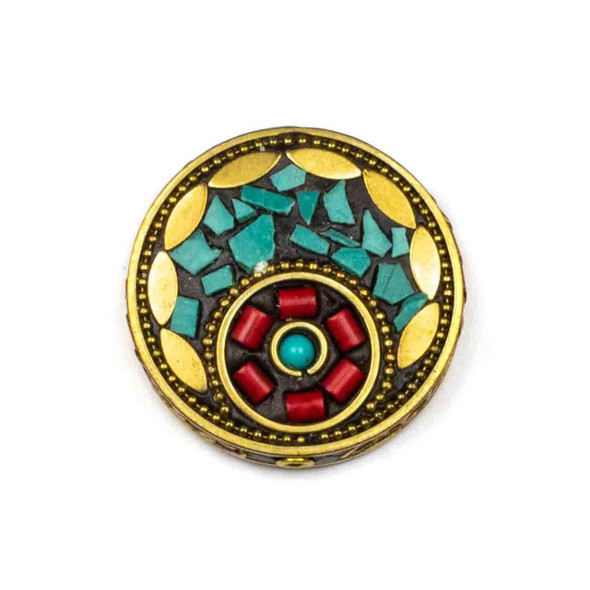 Cherry Tree Beads Tibetan Brass 35mm Oval Bead with Brass Marquise and Red Coral and Turquoise Howlite Inlay - 1 per bag